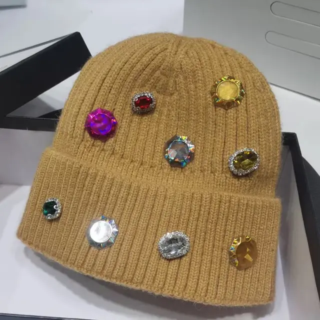Hand drilled Gem Rhinestone Hat Women's All match Knitting Camel - Shop at LoveMi