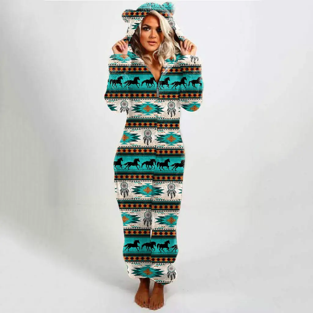 Ladies Hooded Slim-fit Plaid Double-sided Velvet Casual Jumpsuit - Black Horse With Green Stripes