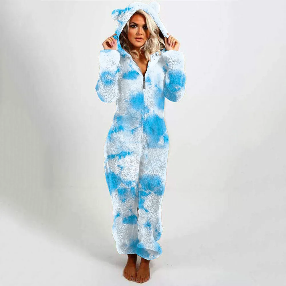 Ladies Hooded Slim-fit Plaid Double-sided Velvet Casual Jumpsuit - White Light Blue