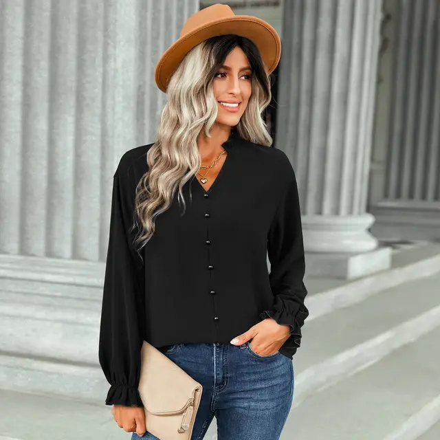 Fashion Button Decoration Solid Color Shirt Black - Shop at LoveMi