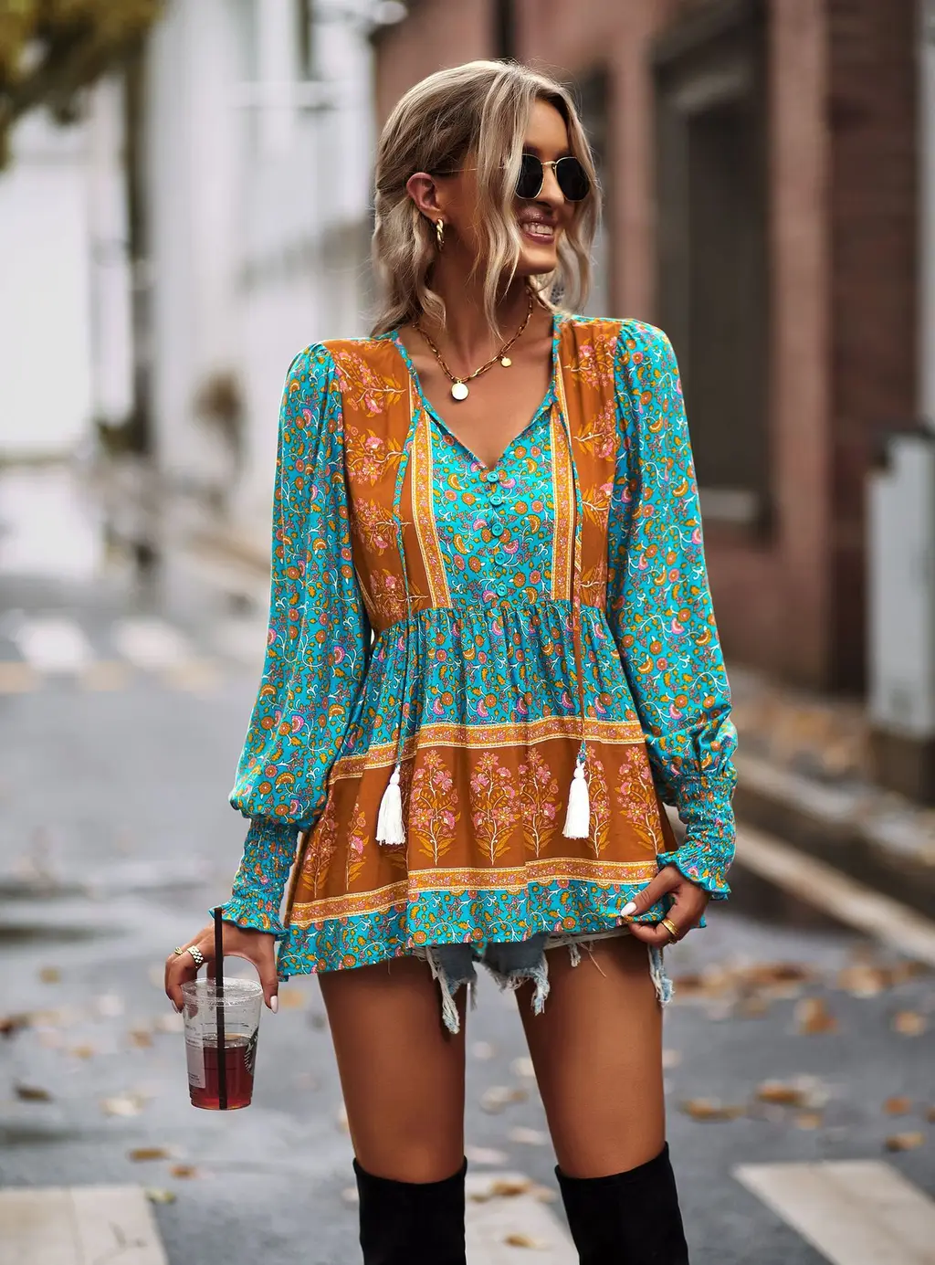 Long Sleeve Versatile Top Four Seasons Bohemian Women - Blue