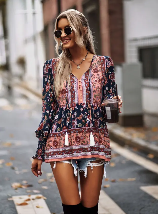 Long Sleeve Versatile Top Four Seasons Bohemian Women Navy Blue - Shop at LoveMi