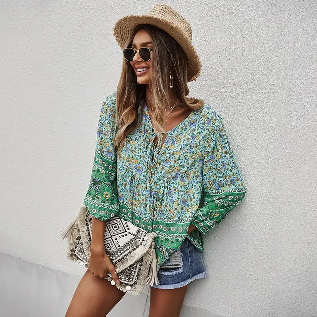 Women's Bohemian Style Top Printed Shirt Green - Shop at LoveMi