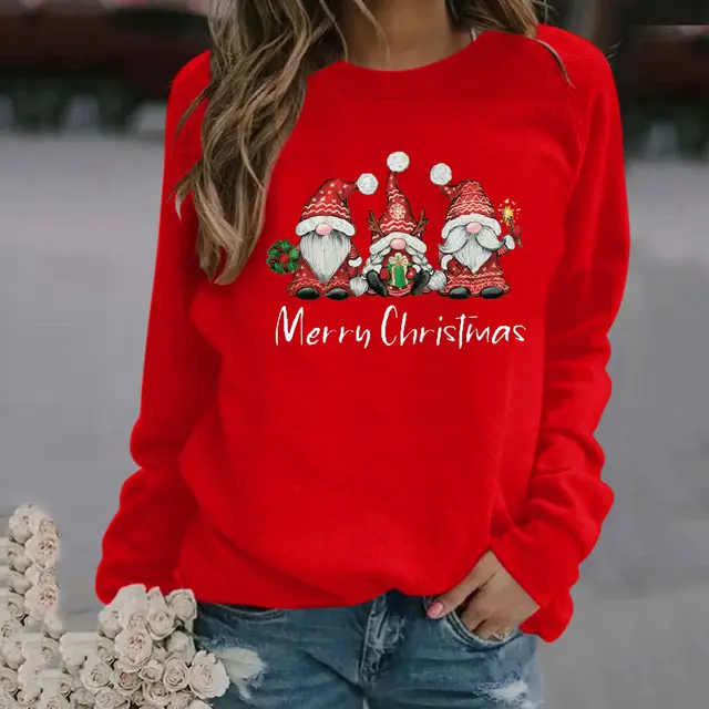 Christmas Pattern Printed Long Sleeve Round Neck Sweater Women Red - Shop at LoveMi