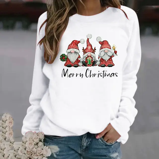 Christmas Pattern Printed Long Sleeve Round Neck Sweater Women White - Shop at LoveMi