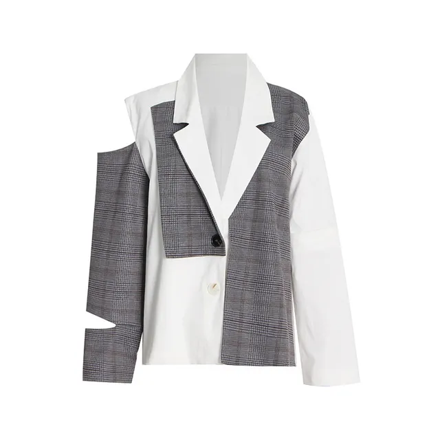 Autumn Suit Collar Long Sleeve Plaid Panel Off Shoulder Grey - Shop at LoveMi