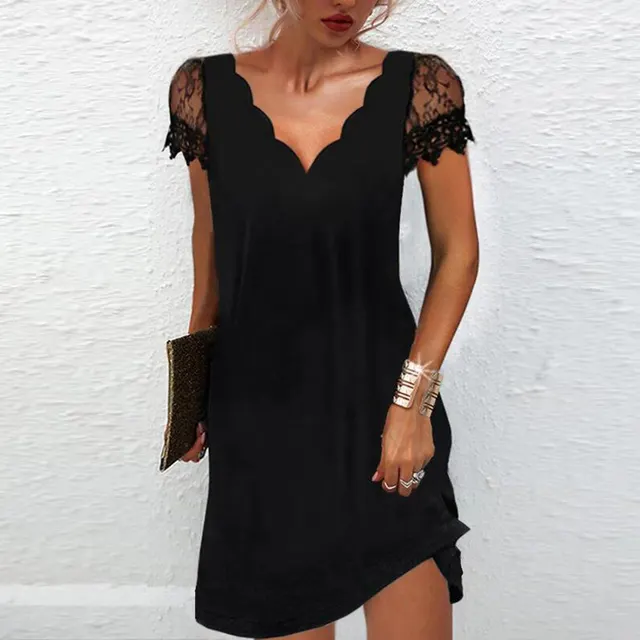 Women's Temperament Fashion V neck Lace Short sleeved Chiffon Dress Black1 - Shop at LoveMi