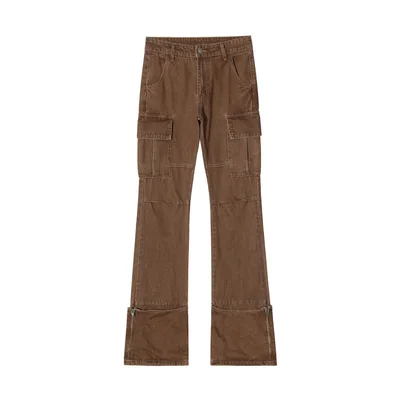 The Ins Wind Casual Niche Brown Micro labelled Denim Pants Female Coffee - Shop at LoveMi
