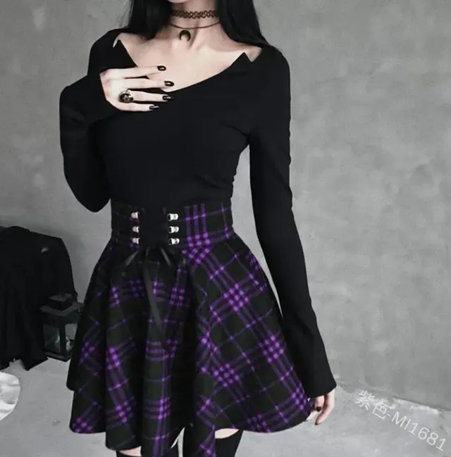 Women's Plaid Asymmetric Skirt Ribbon Waist Slimming Large Skirt Purple - Shop at LoveMi