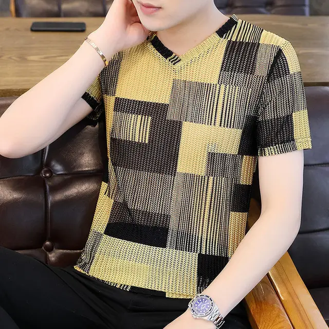 V neck Slim fitting Clothes T shirt Black Yellow - Shop at LoveMi