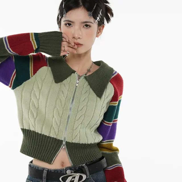 Polo Neck Design Short Zipper Sweater Cardigan Green - Shop at LoveMi