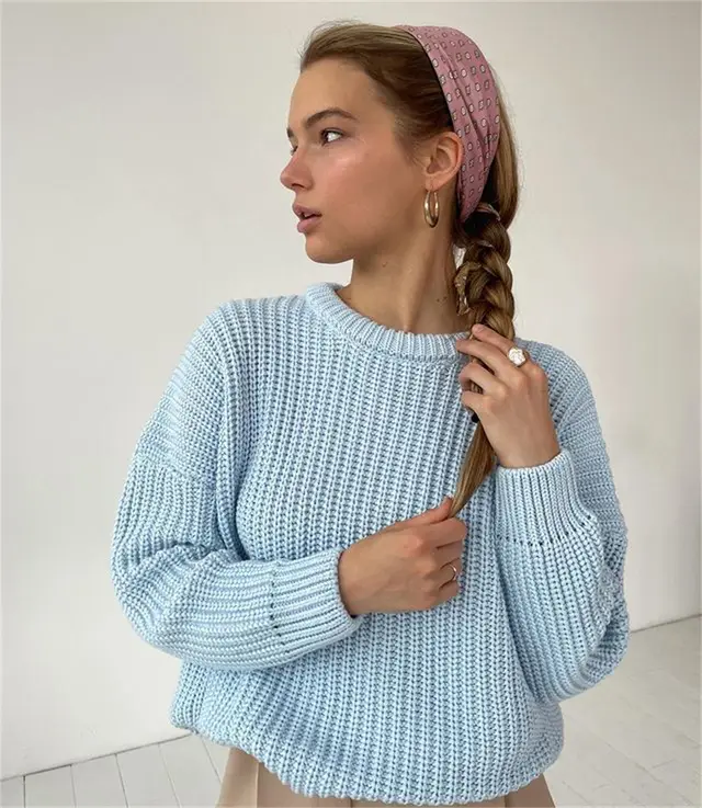Women's Solid Color Casual Loose Long Sleeve Round Neck Sweater Light Blue - Shop at LoveMi