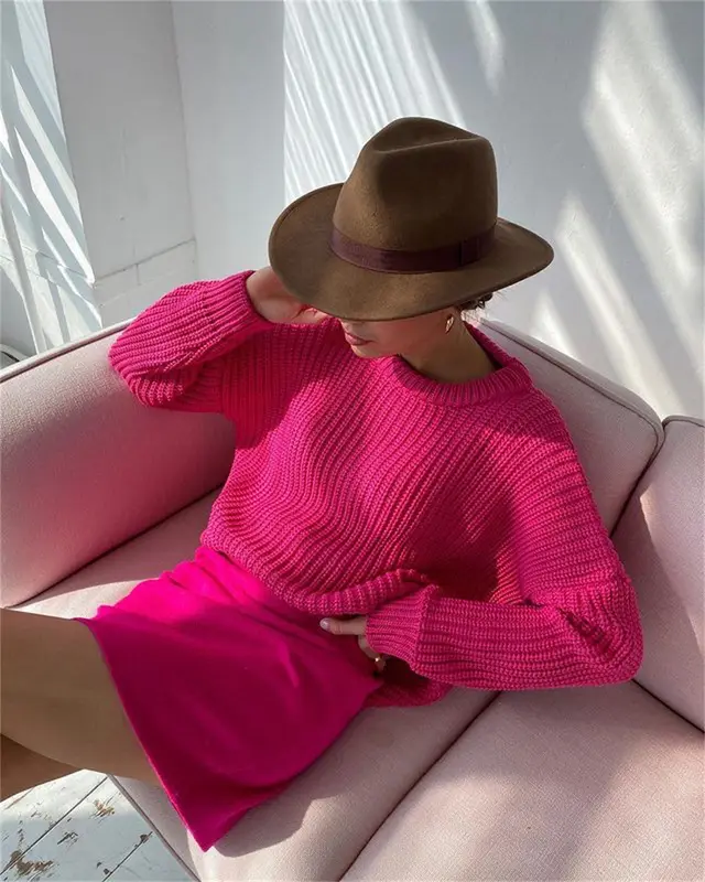 Women's Solid Color Casual Loose Long Sleeve Round Neck Sweater Rose Red - Shop at LoveMi