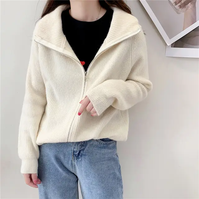 Loose Simple Solid Color Knitted Sweater Jacket Top Beige - Shop at LoveMi