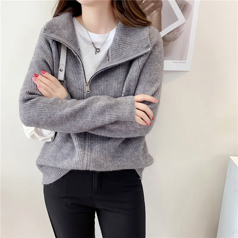 Loose Simple Solid Color Knitted Sweater Jacket Top Grey - Shop at LoveMi