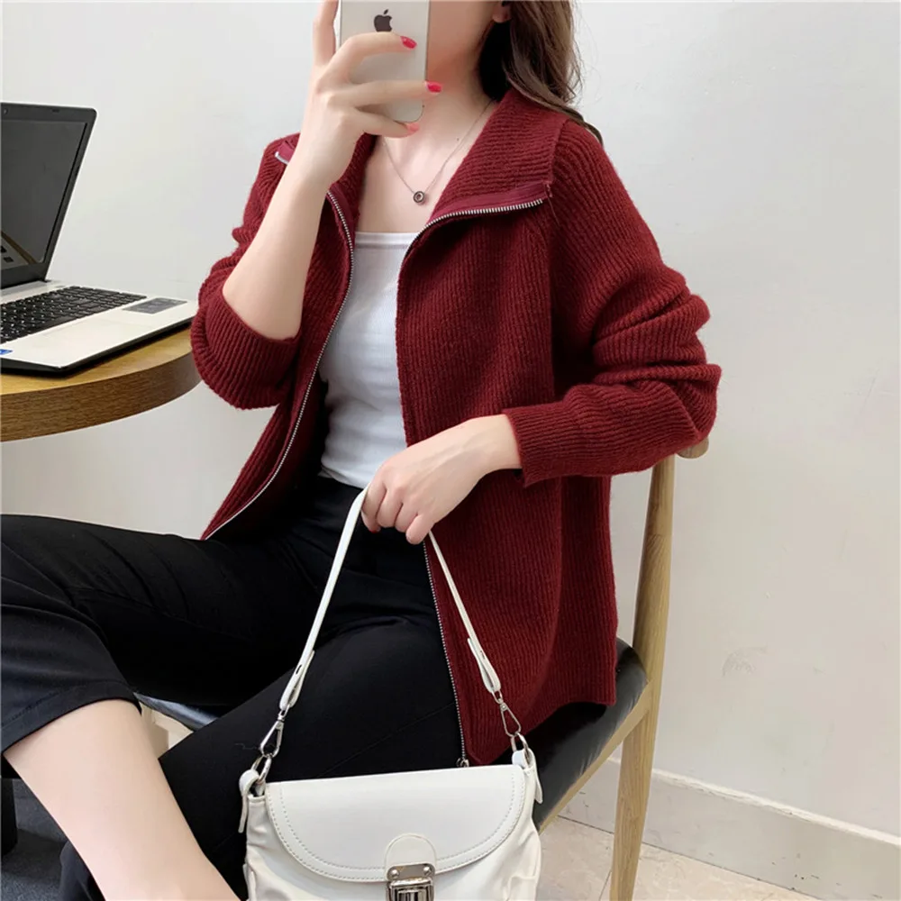 Loose Simple Solid Color Knitted Sweater Jacket Top Red - Shop at LoveMi