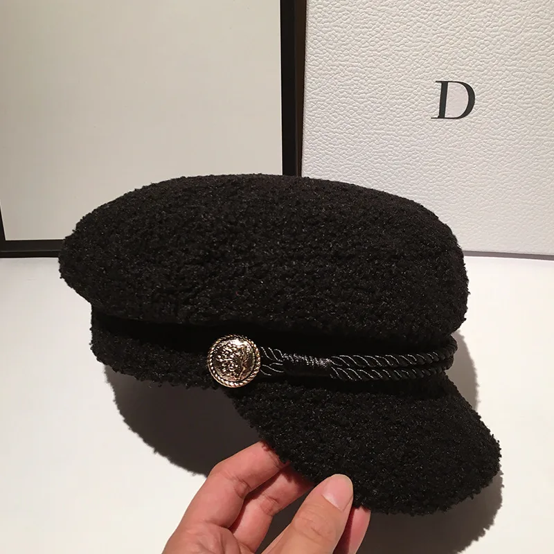 Lamb Wool Navy Octagonal Women's Autumn And Winter Fashion Korean Style - Black