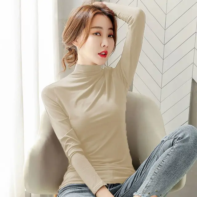 Half High Collar Long Sleeve Base Coat Apricot - Shop at LoveMi