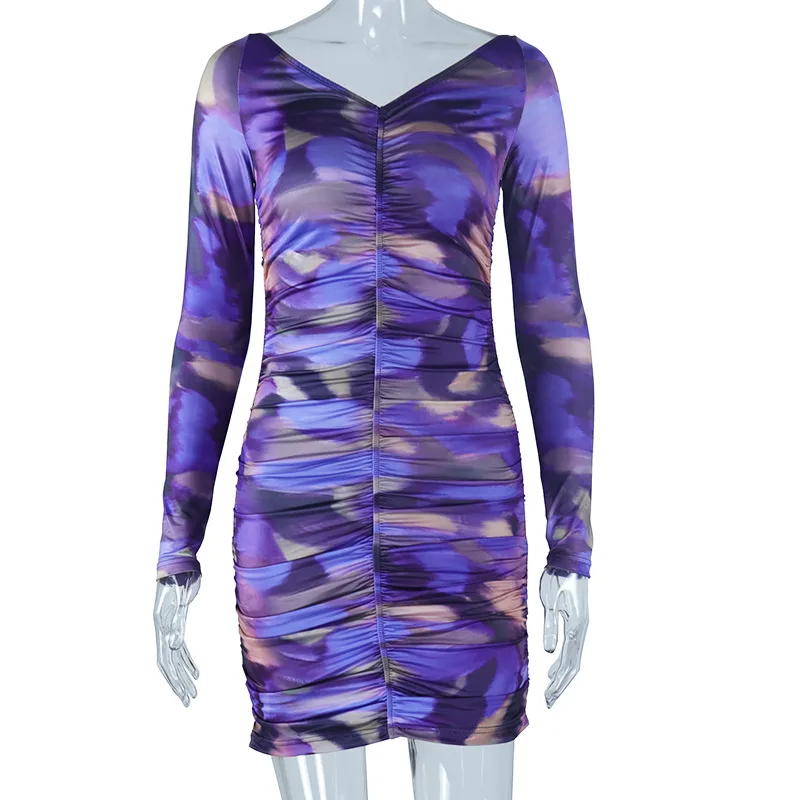 Slotted Neck Long Sleeve Hip Wrap Dress Trend Purple - Shop at LoveMi