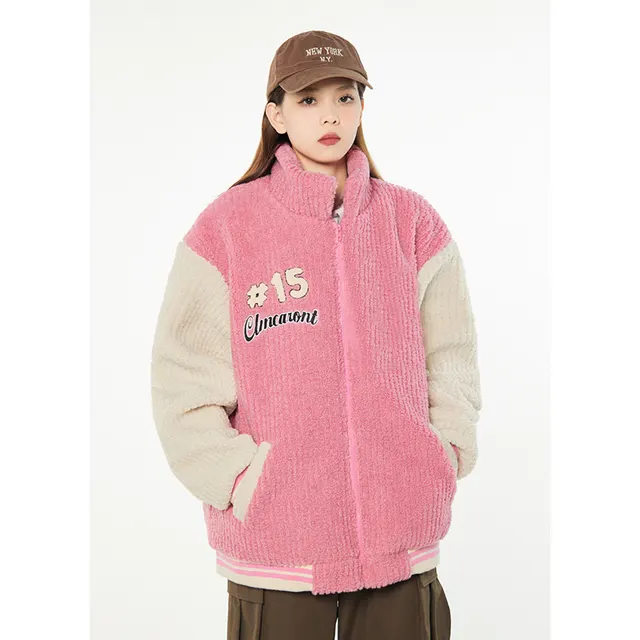 Warm Loose Cashmere Powder Baseball Jacket Cotton Padded Pink - Shop at LoveMi