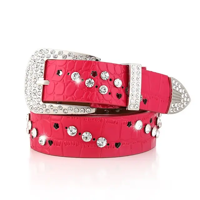 Women's Fashionable Belt With Diamond Decoration Rose Red - Shop at LoveMi