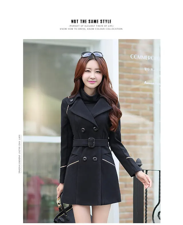19 Autumn And Winter New Korean Style Coat Double breasted Mid length Slim Fit Fashion Coat Women's Clothing Black - Shop at LoveMi