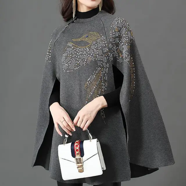 Women's Fashion Shawl Thickened Pullover Sweater Cloak Dark Grey - Shop at LoveMi
