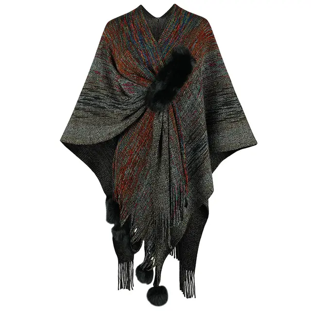 Contrast Color Wool Ball Tassel Knitted Shawl Coat For Women Black - Shop at LoveMi