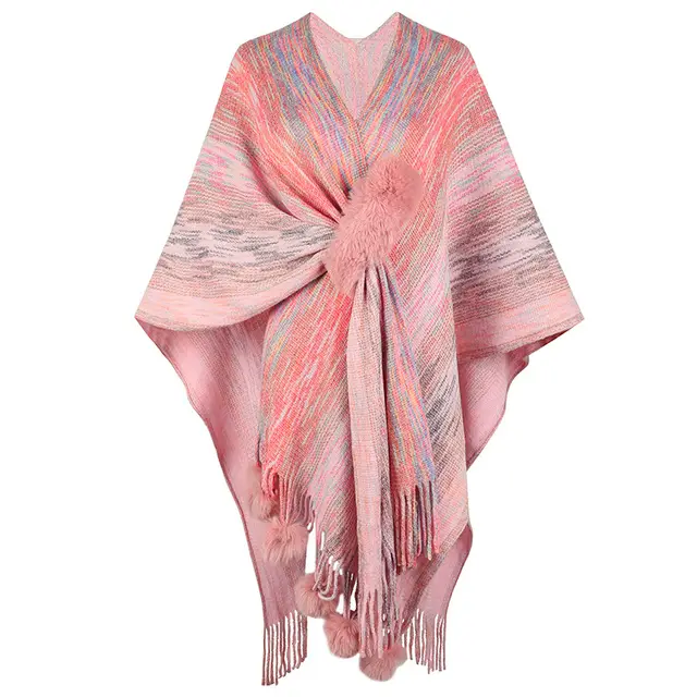 Contrast Color Wool Ball Tassel Knitted Shawl Coat For Women Pink - Shop at LoveMi