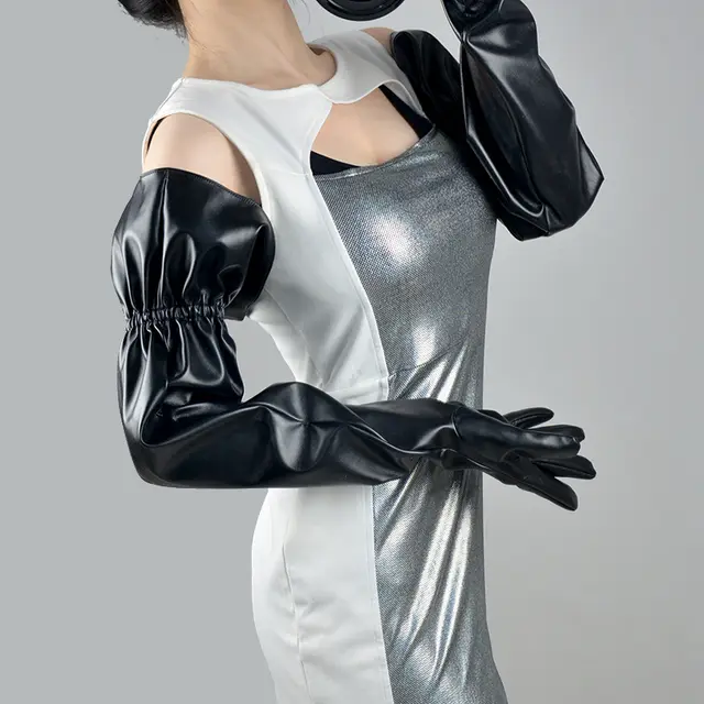 Large Sleeve Loose Long Leather Elastic Belt Gloves Black - Shop at LoveMi
