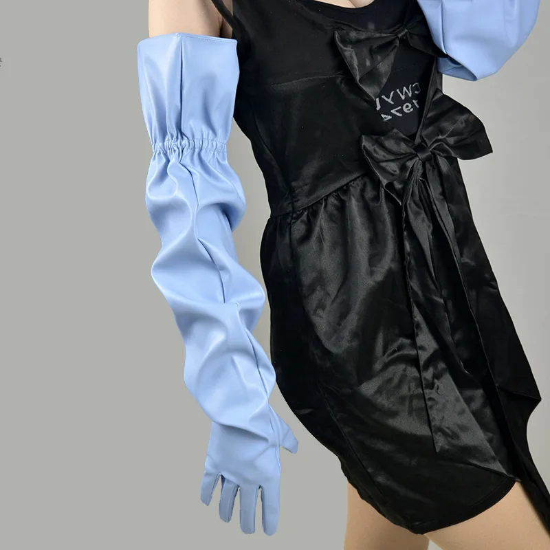 Large Sleeve Loose Long Leather Elastic Belt Gloves - Light Blue
