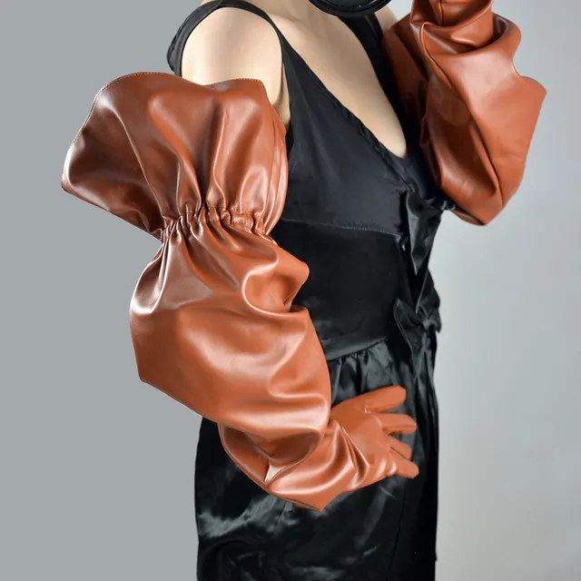 Large Sleeve Loose Long Leather Elastic Belt Gloves Light Brown - Shop at LoveMi