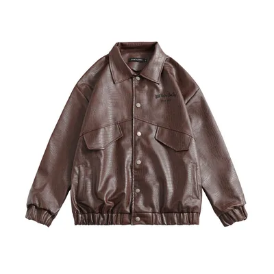 Leather Jacket Lapel Loose Retro Top Coffee - Shop at LoveMi
