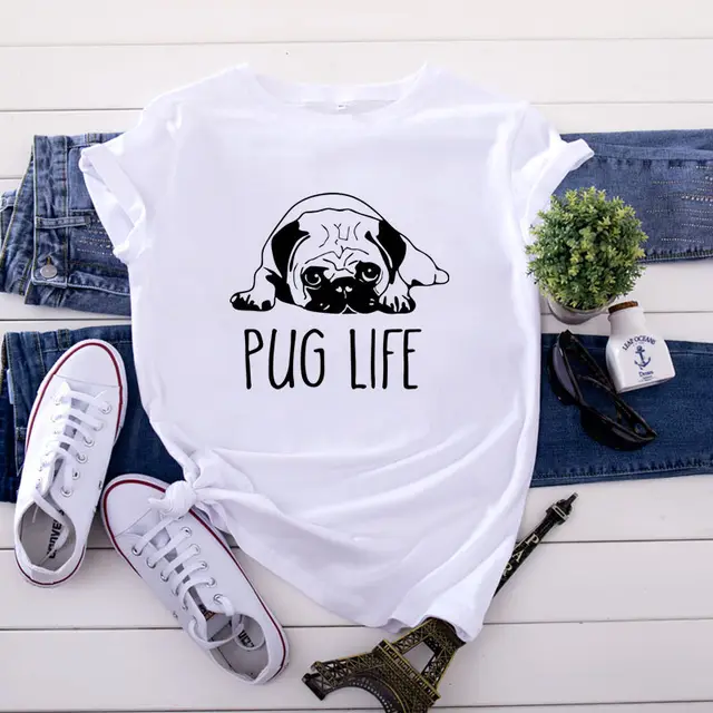 Top European And American Style Casual Women's Wear PUG LIFE Short sleeved T shirt Pure Cotton White - Shop at LoveMi