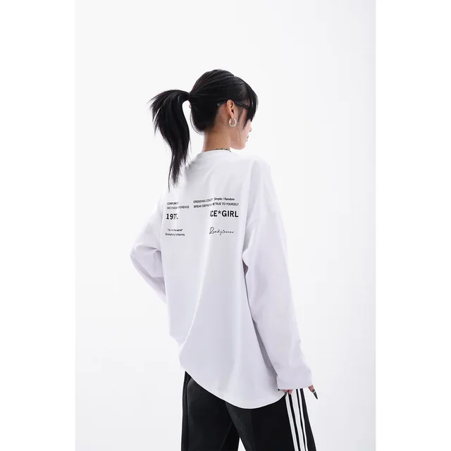 Women's Cotton Loose Letter Long Sleeve T shirt White - Shop at LoveMi
