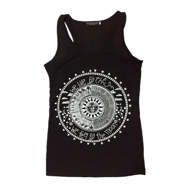 Geometric Garden Plate Letter Print Sleeveless Vest T shirt For Women Black Sun - Shop at LoveMi