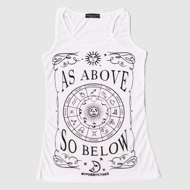 Geometric Garden Plate Letter Print Sleeveless Vest T shirt For Women White Disc - Shop at LoveMi