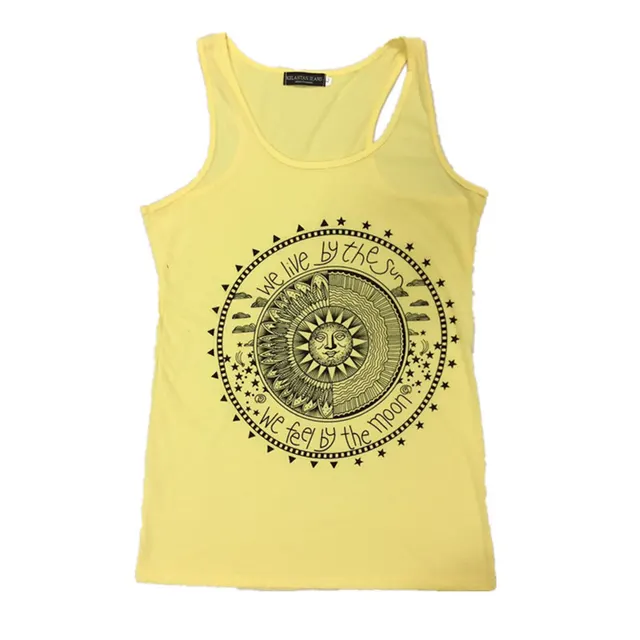 Geometric Garden Plate Letter Print Sleeveless Vest T shirt For Women Yellow Sun - Shop at LoveMi