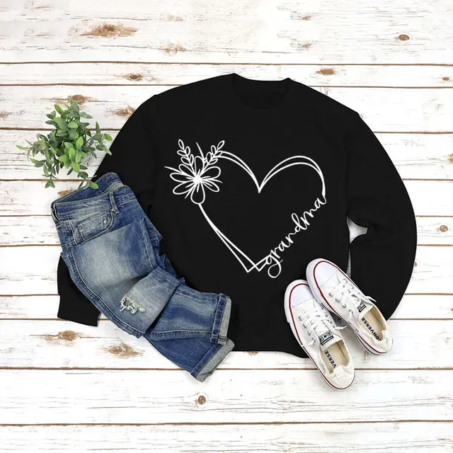 Long Sleeve Grandma Printed Loose Sweater Black Sweater White Font - Shop at LoveMi
