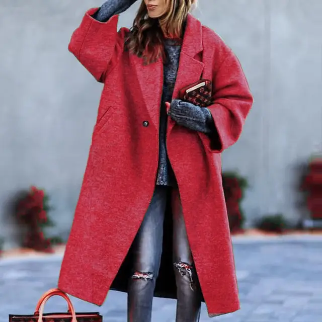 European And American Women's New Long Sleeved Large Woolen Overcoat Red - Shop at LoveMi