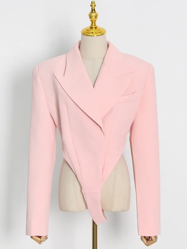 Lapel Long Sleeve Shoulder Pad Fitted Coat Women Pink - Shop at LoveMi