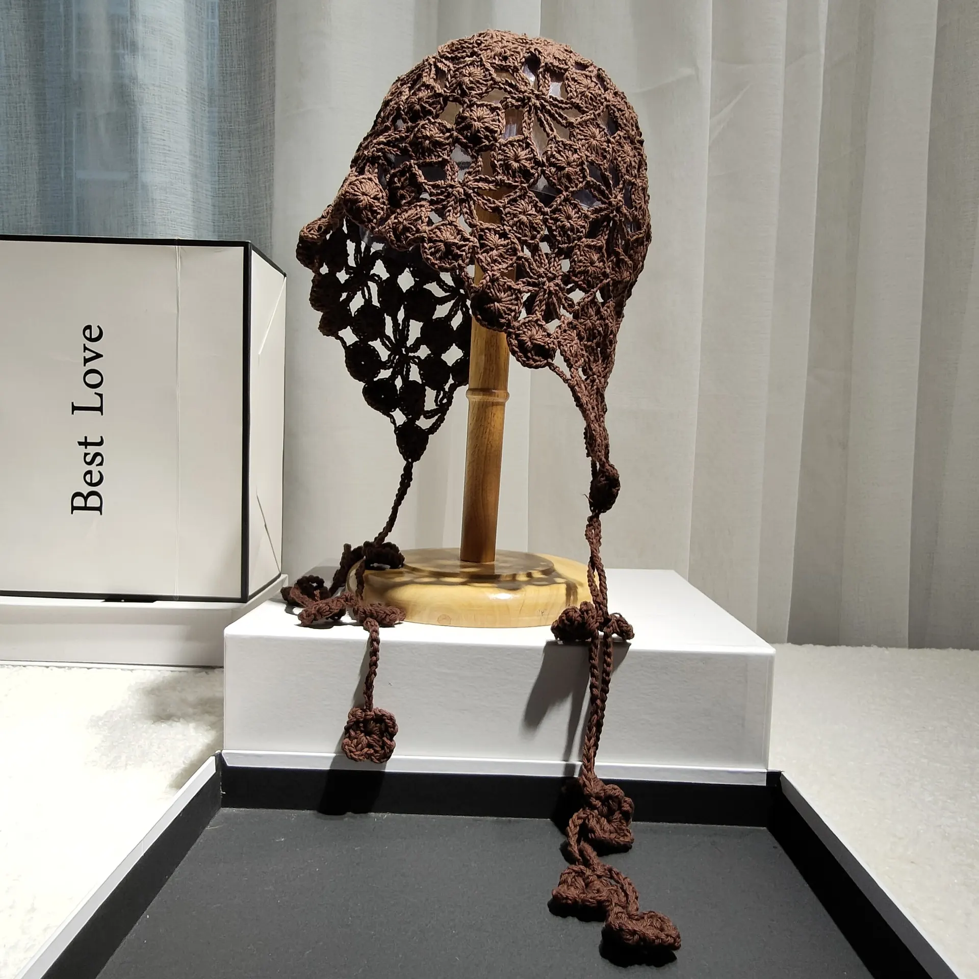 Pure Handmade Cotton Crochet Ethnic Baotou Hat - Coffee