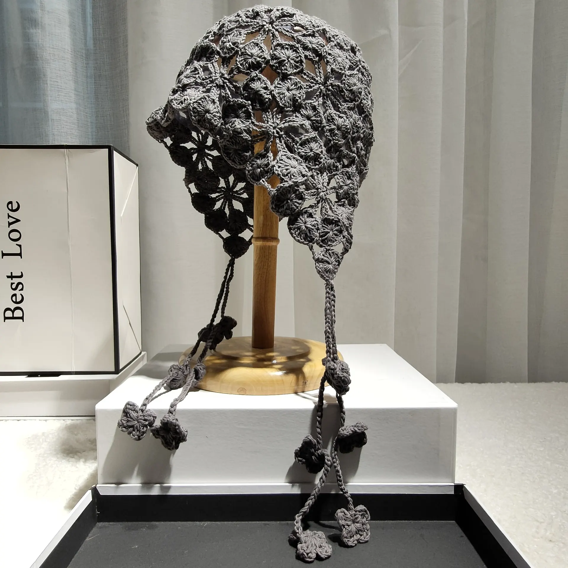 Pure Handmade Cotton Crochet Ethnic Baotou Hat - Grey