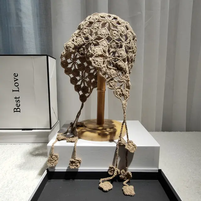 Pure Handmade Cotton Crochet Ethnic Baotou Hat Khaki - Shop at LoveMi