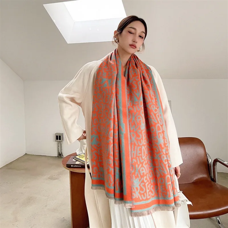 Letter Cashmere Scarf Women's Fashion Versatile Elegant Shawl Orange - Shop at LoveMi