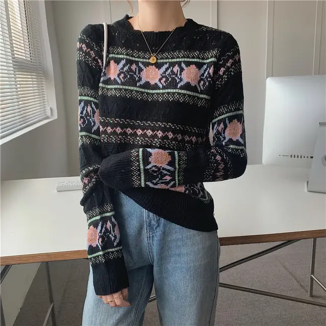 Design Loose Long Sleeved Sweater Top Women Black - Shop at LoveMi