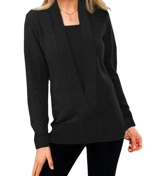 Knitted Solid Color Deep V neck Long Sleeved Sweater For Women Black - Shop at LoveMi