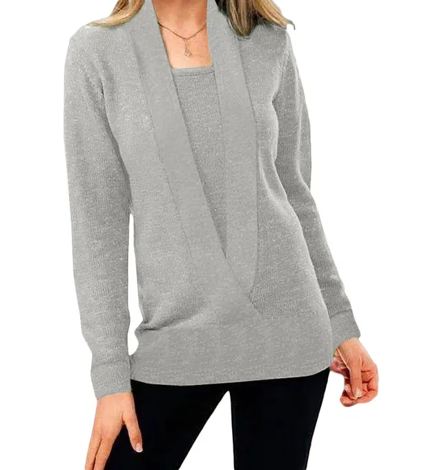 Knitted Solid Color Deep V neck Long Sleeved Sweater For Women Grey - Shop at LoveMi