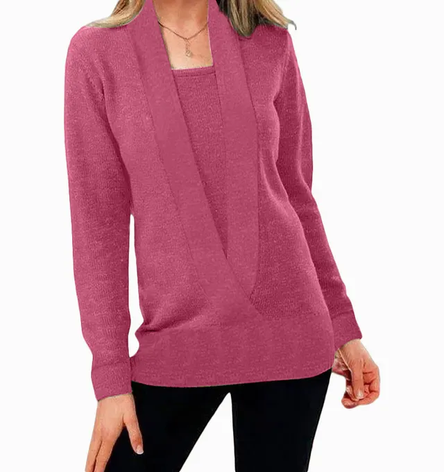 Knitted Solid Color Deep V neck Long Sleeved Sweater For Women Rose Red - Shop at LoveMi