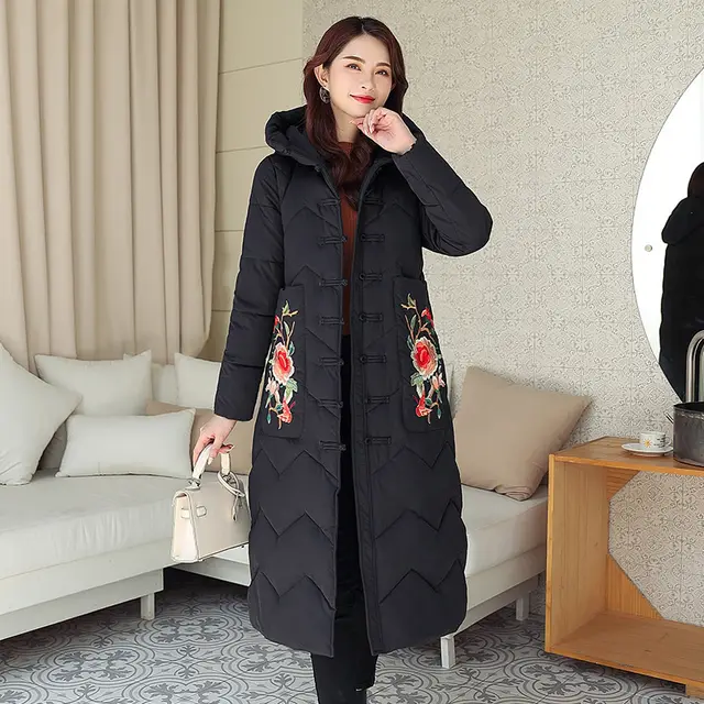 Winter New Vintage Cotton padded Jacket Ethnic Embroidery Ladies Below The Knee Cotton Clothes Black - Shop at LoveMi